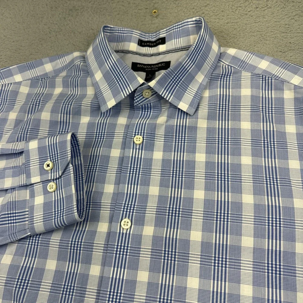 Banana Republic Shirt Mens Large Blue Plaid Camden Fit Non-Iron Long‎ Sleeve